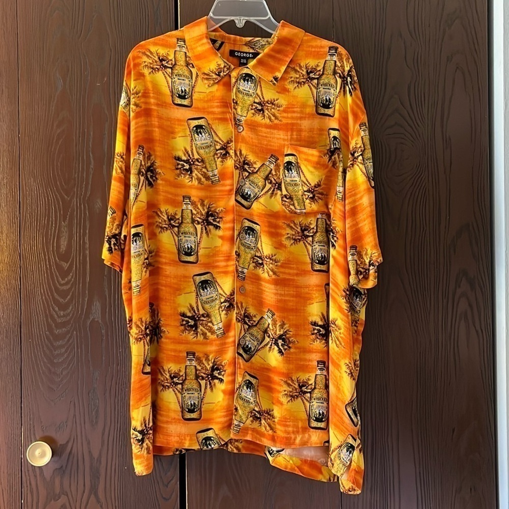 George men’s  orange and gold beer bottle tropical shirt. Short sleeved size XL